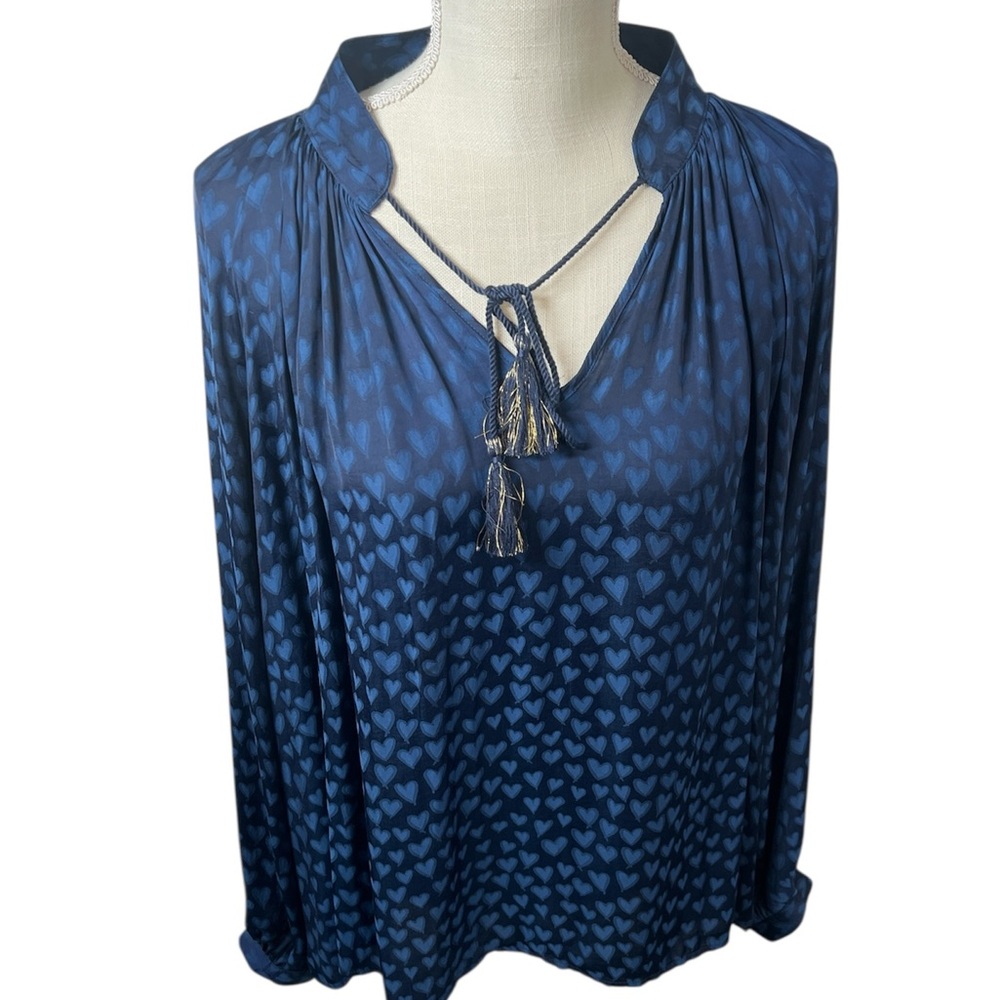Crown & Ivy Royal Blue Heart Pattern Blouse Women's Top Large